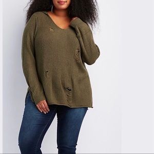 olive distressed hooded sweater